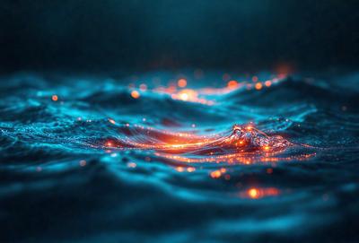 The primary subject of the image is a blue ocean with a few orange lights shining through the water. The setting is a dark blue background, and the visual style appears to be a digital art or illustration. The colors and mood of the image are a mix of blue and orange, creating a serene and calming atmosphere.