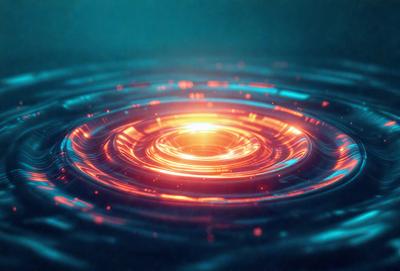 The primary subject of the image is a swirling, glowing, and colorful vortex in a blue water environment. The setting appears to be a deep sea, with the water being the main background. The visual style of the image is a combination of photo and digital art, creating a unique and captivating scene. The dominant colors in the image are blue and orange, with the blue water and the orange swirl creating a vibrant and lively atmosphere.