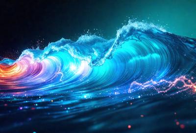 The primary subject of the image is a large, colorful wave with a blue and green hue. The wave is crashing down, creating a dynamic and visually striking scene. The setting is a dark, possibly nighttime, environment, which adds to the dramatic atmosphere of the image. The visual style is a combination of photo and digital art, creating a unique and eye-catching representation of the ocean wave. The colors and mood of the image are vibrant and energetic, capturing the essence of the