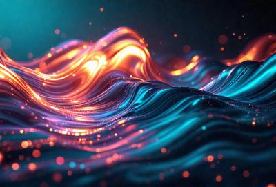 The primary subject of the image is a colorful, swirling, and flowing pattern, which appears to be a digital art or illustration. The setting is a dark background, which contrasts with the vibrant colors of the pattern. The visual style is a mix of digital art and illustration, creating a unique and eye-catching design. The colors and mood of the image are predominantly blue and orange, giving it a lively and energetic atmosphere.
