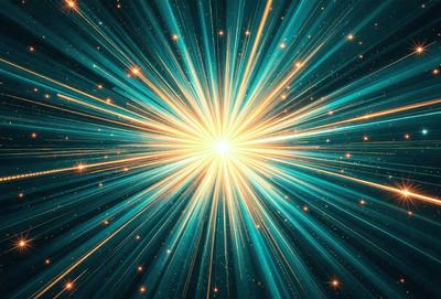 The primary subject of the image is a bright, colorful, and vibrant explosion of light. The setting is a dark background, which contrasts with the bright light. The visual style is a combination of digital art and illustration, creating a dynamic and eye-catching scene. The colors and mood are predominantly blue and green, giving the image a sense of energy and excitement.