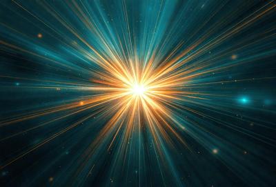 The primary subject of the image is a bright, colorful, and vibrant starburst. The setting is a dark, starry background, which contrasts with the brightness of the starburst. The visual style is a combination of digital art and illustration, creating a dynamic and eye-catching scene. The colors and mood of the image are predominantly blue and yellow, with a sense of energy and excitement.