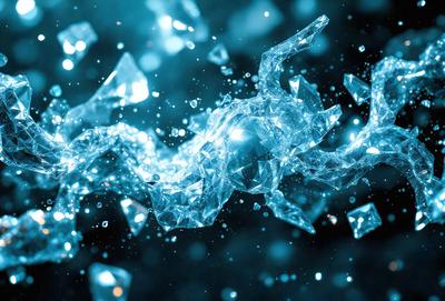 The primary subject of the image is a close-up of a blue, crystal-like substance, possibly a piece of glass or a water droplet. The setting is a dark background, which contrasts with the blue substance. The visual style appears to be a digital art or illustration, as the blue substance is depicted in a detailed and intricate manner. The colors and mood of the image are predominantly blue, creating a sense of depth and tranquility.