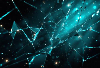 The primary subject of the image is a blue glass surface, which appears to be a glass window or a glass wall. The setting is a dark room, and the visual style is a close-up of the glass surface. The colors and mood of the image are predominantly blue, creating a calm and serene atmosphere.