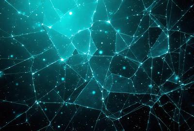 The primary subject of the image is a blue and green background with a pattern of light and dark blue dots. The setting is a dark space, possibly a night sky, with the background being the main focus of the image. The visual style appears to be a digital art or illustration, as the dots are arranged in a visually appealing manner. The colors and mood of the image are predominantly blue and green, creating a serene and calming atmosphere.
