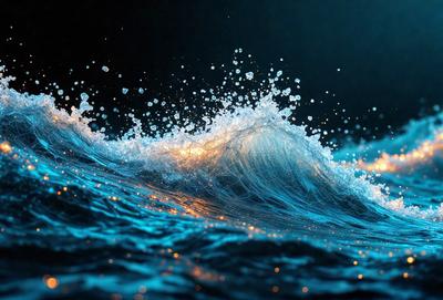 The primary subject of the image is a wave in the ocean, with a blue color and a sparkling effect. The setting is the ocean, and the visual style is a photo. The dominant colors are blue and white, and the overall atmosphere is serene and calming.