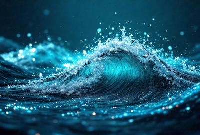 The primary subject of the image is a large wave in the ocean. The wave is blue and has a lot of sparkling water, giving it a lively and dynamic appearance. The setting is the ocean, with the wave being the main focus of the scene. The visual style of the image is a photo, capturing the beauty and power of the ocean wave. The dominant colors are blue and white, creating a serene and calming atmosphere.