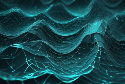The primary subject of the image is a blue, wavy, and textured surface. The setting appears to be a futuristic or digital environment, possibly a computer-generated or digital art piece. The visual style suggests that the image is a digital art or illustration, with a focus on the blue, wavy surface. The colors and mood of the image are predominantly blue, creating a calm and futuristic atmosphere.