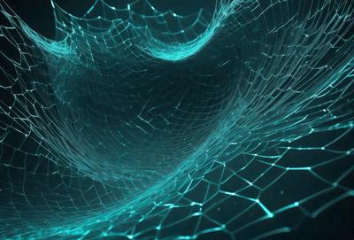 The primary subject of the image is a close-up of a blue, glowing, and intricate web. The setting is a dark background, which emphasizes the web's vibrant colors. The visual style is a combination of a photo and digital art, creating a unique and captivating image. The colors and mood of the image are predominantly blue and mysterious, with the glowing web adding a sense of depth and intrigue.