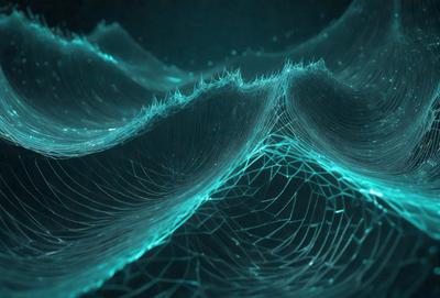 The primary subject of the image is a blue, wavy, and textured surface, which appears to be a digital art or illustration. The setting or background is a dark, possibly black, space, which contrasts with the vibrant blue surface. The visual style of the image is artistic and creative, with the blue surface resembling a wave or a spider web. The colors and mood of the image are predominantly blue, creating a sense of depth and intrigue.