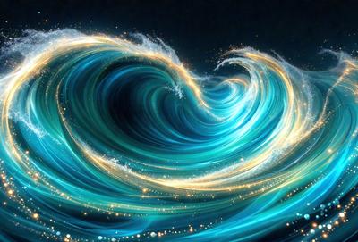 The primary subject of the image is a large, swirling blue wave with a heart shape in the center. The wave is surrounded by a dark background, which adds to the dramatic effect of the scene. The visual style of the image is a combination of digital art and illustration, creating a vibrant and dynamic atmosphere. The dominant colors in the image are blue and green, which evoke a sense of tranquility and beauty.