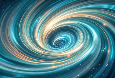 The primary subject of the image is a spiral pattern, which is a blue and yellow swirl. The setting is a space background, and the visual style appears to be a digital art or illustration. The dominant colors in the image are blue and yellow, creating a vibrant and lively atmosphere.