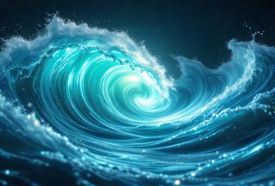 The primary subject of the image is a large, blue ocean wave. The wave is the main focus of the image, and it is captured in a close-up shot. The setting is the ocean, with the wave crashing against the water. The visual style of the image is a combination of photo and digital art, creating a realistic yet artistic representation of the wave. The dominant colors in the image are blue and white, giving the scene a serene and calming atmosphere.
