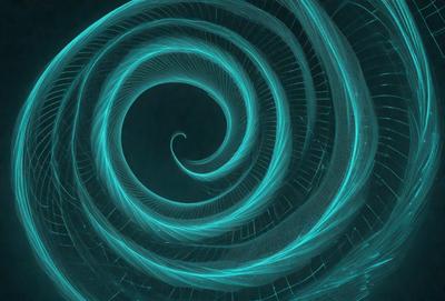 The primary subject of the image is a spiral pattern, which is the main object, scene, or focus of the image. The spiral pattern is set against a dark blue background, creating a striking contrast. The visual style of the image is digital art, as it appears to be a digital illustration or drawing. The dominant colors in the image are blue and green, giving it a cool and modern atmosphere.