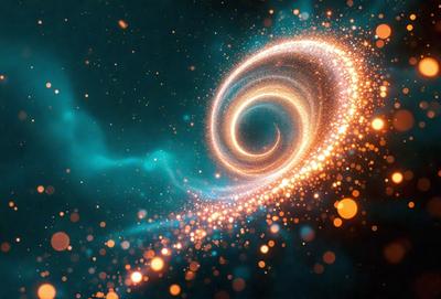 The primary subject of the image is a spiral-shaped light, which appears to be a swirling, colorful, and brightly lit pattern. The setting is a dark, blue-green background, which contrasts with the vibrant colors of the spiral. The visual style of the image is a combination of digital art and illustration, creating a dynamic and eye-catching scene. The colors and mood of the image are predominantly warm and inviting, with the spiral's vivid colors