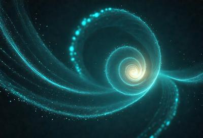 The primary subject of the image is a spiral, which is a part of a larger, swirling pattern. The setting is a dark background, which contrasts with the bright colors of the spiral. The visual style is a combination of digital art and illustration, creating a dynamic and captivating scene. The colors and mood of the image are predominantly blue, giving it a serene and calming atmosphere.