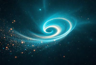 The primary subject of the image is a spiral-shaped nebula, which is a swirling mass of gas and dust in space. The setting is a dark, starry sky, with the nebula being the main focus of the image. The visual style is a combination of photo and digital art, creating a stunning and detailed representation of the spiral nebula. The colors and mood of the image are predominantly dark and dramatic, with the spiral nebula standing out against the back