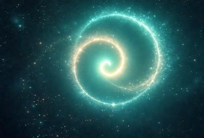 The primary subject of the image is a bright, colorful spiral, which appears to be a nebula or a galaxy. The spiral is surrounded by a dark blue background, which adds to the overall atmosphere of the image. The visual style of the image is a combination of a photo and digital art, creating a unique and captivating representation of the spiral. The colors and mood of the image are vibrant and dynamic, with the spiral's bright colors contrasting against the dark blue background.