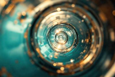 The primary subject of the image is a close-up of a blue spiral, which appears to be a part of a machine or a piece of art. The setting is a dark room, and the visual style is a close-up of the spiral. The colors and mood of the image are predominantly blue, creating a sense of depth and intrigue.