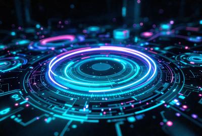 The primary subject of the image is a futuristic, neon-colored computer circuit board. The setting is a dark background, which contrasts with the bright, glowing colors of the circuit board. The visual style is a combination of digital art and illustration, creating a unique and captivating design. The dominant colors are blue, pink, and purple, giving the scene a vibrant and energetic atmosphere.