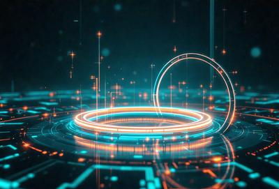 The primary subject of the image is a blue circle with a glowing ring around it. The setting is a dark background, and the visual style appears to be a digital art or illustration. The colors and mood of the image are predominantly blue and have a futuristic or technological atmosphere.