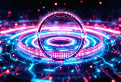 The primary subject of the image is a large, brightly colored, and glowing circle. The circle is the main focus of the image, and it appears to be a digital art or illustration. The setting is a futuristic, neon-lit environment, with the circle surrounded by a field of blue and pink lines. The visual style is a combination of bright colors and intricate patterns, creating a vibrant and dynamic atmosphere.