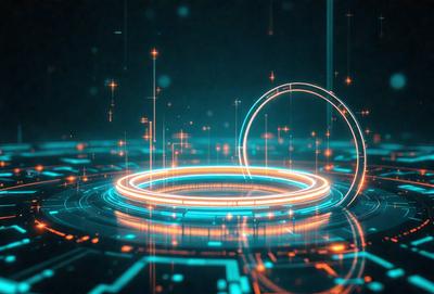 The primary subject of the image is a blue circle with a glowing ring around it. The setting is a dark background, and the visual style appears to be a digital art or illustration. The colors and mood of the image are predominantly blue and have a futuristic or technological atmosphere.