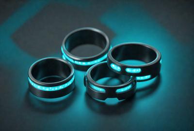 The primary subject of the image is a group of four rings with blue lights on them. The rings are placed on a black surface, which serves as the setting or background. The visual style of the image is a photo, capturing the rings' glowing appearance. The dominant colors in the image are blue and black, creating a cool and modern atmosphere.