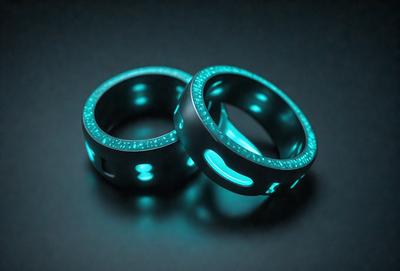 The primary subject of the image is a pair of blue and black rings. The setting is a dark background, which creates a contrast with the rings. The visual style is a close-up of the rings, showcasing their unique design. The colors and mood of the image are predominantly dark and mysterious, with the blue and black rings standing out as the main focus.