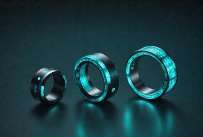 The primary subject of the image is a collection of three rings with blue neon lights. The rings are placed on a black surface, which serves as the setting or background. The visual style of the image is a close-up of the rings, showcasing their unique design and the blue neon lights. The colors and mood of the image are predominantly dark and futuristic, with the blue neon lights adding a touch of vibrancy and modernity to the overall atmosphere.