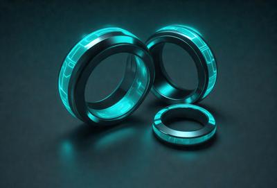 The primary subject of the image is a pair of blue rings, which are the main objects in the scene. The setting is a dark background, which creates a moody atmosphere. The visual style is a combination of a photo and digital art, as the rings appear to be a mix of both. The dominant colors are blue, which gives the image a cool and modern feel.
