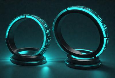The primary subject of the image is a pair of blue rings, which are the main objects in the scene. The setting is a dark background, which creates a moody atmosphere. The visual style is a combination of digital art and illustration, as the rings have a futuristic and sleek appearance. The dominant colors are blue and green, which contribute to the overall mood of the image.