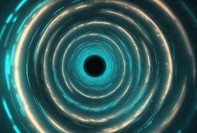 The primary subject of the image is a black hole, which is the main object, scene, or focus of the image. The setting/background features a blue tunnel or a blue spiral, which adds a unique visual style to the image. The colors and mood of the image are predominantly blue, creating a sense of depth and mystery.