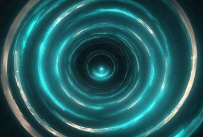 The primary subject of the image is a blue spiral, which appears to be a swirling pattern or a tunnel-like structure. The setting is a dark, blue-tinted environment, which adds to the overall mood of the image. The visual style of the image is a combination of a photo and a digital art or illustration, creating a unique and captivating visual effect.