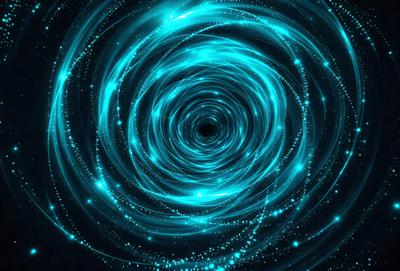 The primary subject of the image is a large, blue, spiral-shaped tunnel. The tunnel is illuminated by a bright blue light, creating a mesmerizing and captivating visual effect. The setting is a dark, starry background, which contrasts with the vibrant blue tunnel. The visual style of the image is a combination of digital art and illustration, creating a unique and intriguing scene. The dominant colors in the image are blue and black, with the blue light creating a sense of depth and