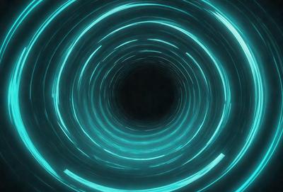 The primary subject of the image is a large, blue, circular tunnel. The tunnel appears to be a part of a space station, as it is surrounded by a black background. The visual style of the image is a digital art or illustration, giving it a futuristic and surreal appearance. The dominant colors in the image are blue and black, creating a sense of depth and mystery.