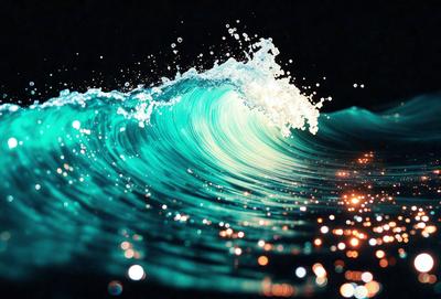 The primary subject of the image is a large wave in the ocean. The wave is breaking, creating a splash of water. The setting is the ocean, with the wave being the main focus of the scene. The visual style is a combination of photo and digital art, as the wave appears to be a digital creation. The dominant colors in the image are blue and green, creating a serene and calming atmosphere.