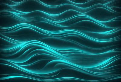 The primary subject of the image is a blue and green ocean wave. The setting is a blue and green ocean, and the visual style is a digital art or illustration. The dominant colors and overall atmosphere are blue and green, creating a serene and calming mood.