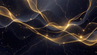The primary subject of the image is a brightly lit, golden, and swirling pattern. The setting is a dark background, which contrasts with the vibrant colors of the pattern. The visual style appears to be a combination of digital art and illustration, creating a unique and captivating scene. The dominant colors are gold and yellow, giving the image a warm and inviting atmosphere.