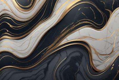 The primary subject of the image is a marble countertop with a gold and black pattern. The setting is a kitchen, and the visual style is a combination of photo and digital art. The dominant colors are gold, black, and white, creating a luxurious and elegant atmosphere.