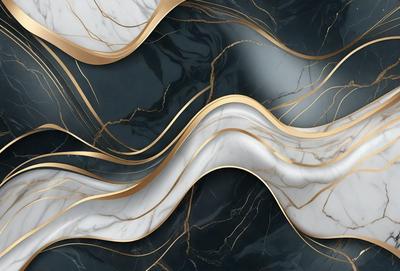 The primary subject of the image is a marble wall with a gold and white pattern. The setting is a black background, which contrasts with the gold and white marble. The visual style is a digital art, as the marble pattern appears to be a digital creation. The colors and mood of the image are predominantly black and white, with the gold and white marble adding a touch of warmth and elegance to the overall atmosphere.