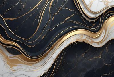The primary subject of the image is a marble wall with a gold and black pattern. The setting is a room with a black and gold marble wall, which serves as the background. The visual style is a combination of digital art and illustration, creating a unique and intricate design. The dominant colors are black, gold, and white, giving the wall a luxurious and elegant appearance.