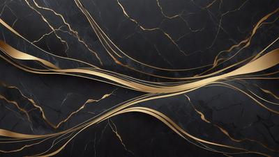 The primary subject of the image is a marble countertop with a gold design. The setting is a black background, which contrasts with the gold design. The visual style is a combination of photo and digital art, creating a unique and eye-catching pattern. The colors and mood of the image are predominantly black and gold, giving it a luxurious and elegant appearance.
