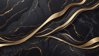 The primary subject of the image is a gold and black marble design. The setting is a black and gold marble surface, which serves as the background. The visual style is a combination of digital art and illustration, creating a unique and intricate pattern. The colors and mood of the image are predominantly black and gold, giving it a luxurious and elegant appearance.