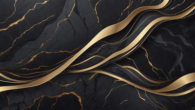 The primary subject of the image is a gold and black marble design. The setting is a black and gold marble surface, which serves as the background. The visual style is a combination of digital art and illustration, creating a unique and intricate pattern. The colors and mood of the image are predominantly black and gold, giving it a luxurious and elegant appearance.