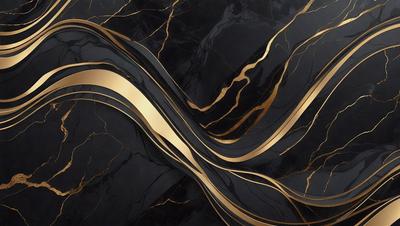 The primary subject of the image is a marble countertop with a gold and black design. The setting is a kitchen, and the visual style is a combination of photo and digital art. The countertop features a gold and black pattern, and the overall atmosphere is elegant and sophisticated.