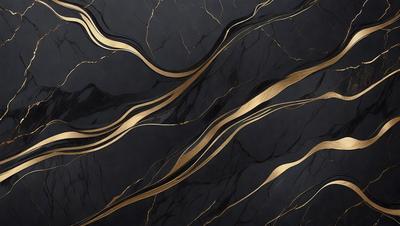 The primary subject of the image is a marble countertop with a gold-colored design. The setting is a kitchen, and the visual style is a close-up of the marble countertop. The colors and mood of the image are predominantly black and gold, creating a luxurious and elegant atmosphere.