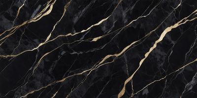 The primary subject of the image is a black and gold marble pattern. The setting is a black background, and the visual style is a close-up of the marble pattern. The dominant colors are black and gold, creating a luxurious and elegant atmosphere.