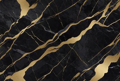 The primary subject of the image is a marble countertop with a gold and black pattern. The setting is a kitchen, and the visual style is a close-up of the countertop. The dominant colors are gold and black, creating a luxurious and elegant atmosphere.