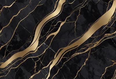 The primary subject of the image is a marble countertop with a gold and black pattern. The setting is a kitchen, and the visual style is a close-up of the countertop. The dominant colors are gold and black, creating a luxurious and elegant atmosphere.